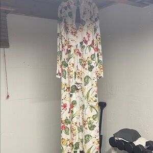 Haute Monde White Floral Maxi Dress with Green Leaves and Pink Blooms